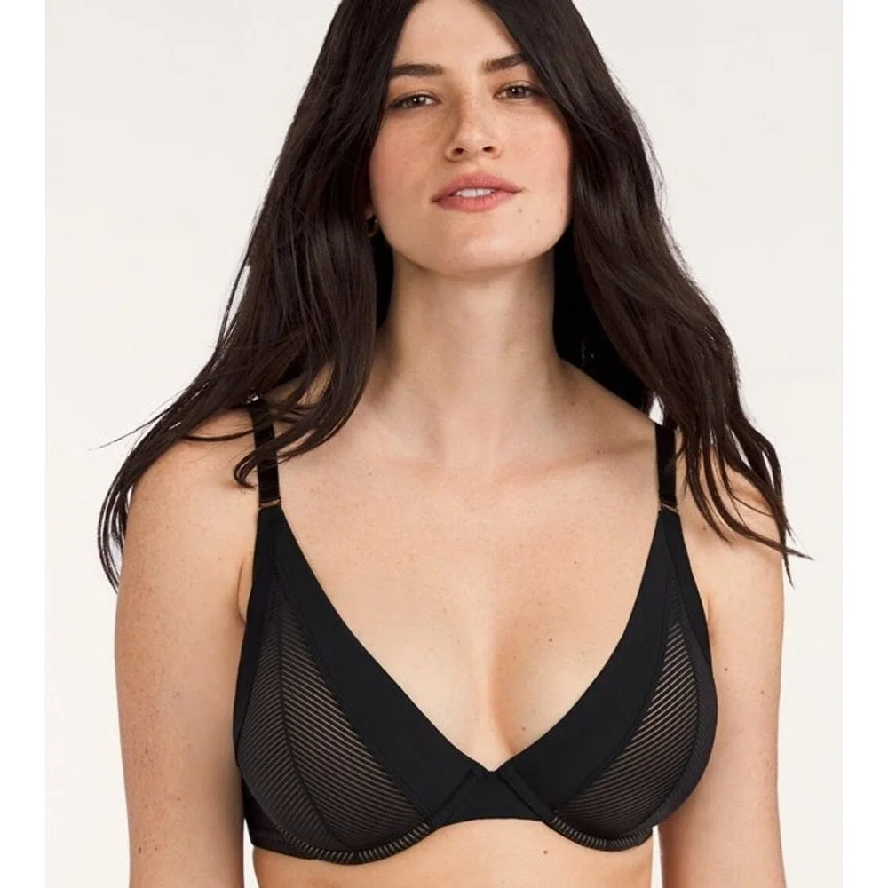 ThirdLove Shadow Stripe Plunge Bra Black Sheer Mesh Adjustable Straps Size 42E